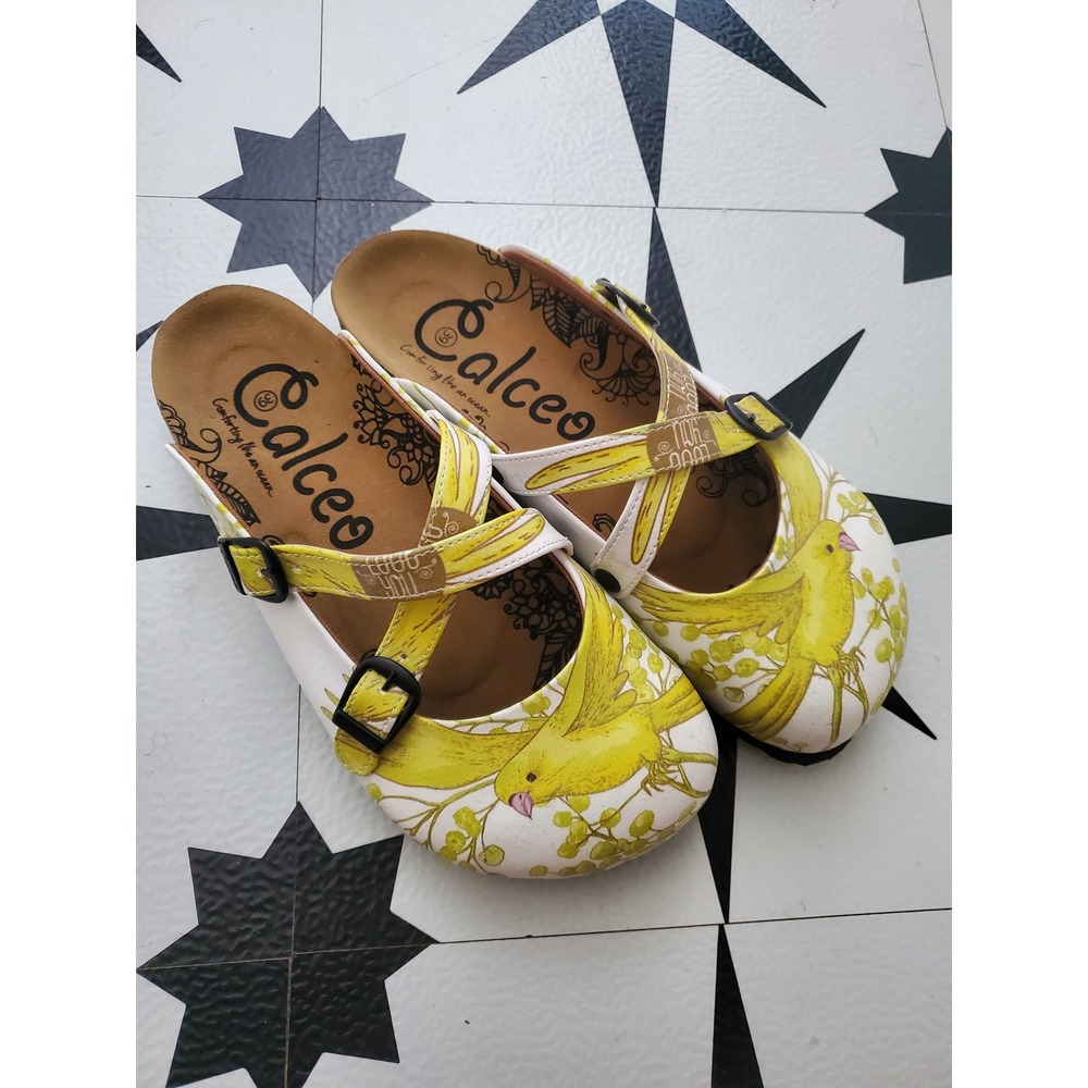Calceo Mary Jane Clogs White Yellow Bird Print Comfort Buckle Shoes Size 39